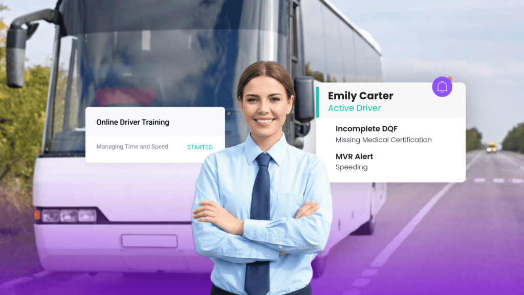 A woman in a bus driver's uniform stands before a bus. Overlays display training progress, speeding alerts, and updates on her driver correction plan and certification status.