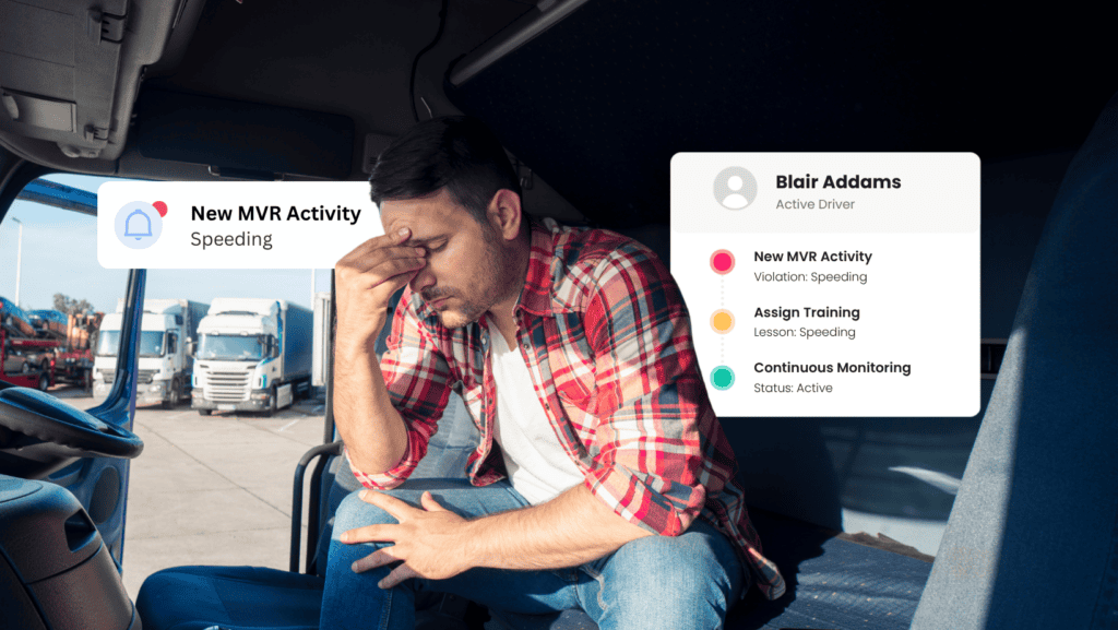 A man sits in a truck cabin with his head in his hand. Digital notifications show a speeding violation and driver status updates.
